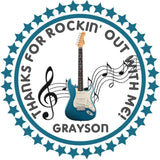 Blue guitar rock star birthday sticker with musical notes