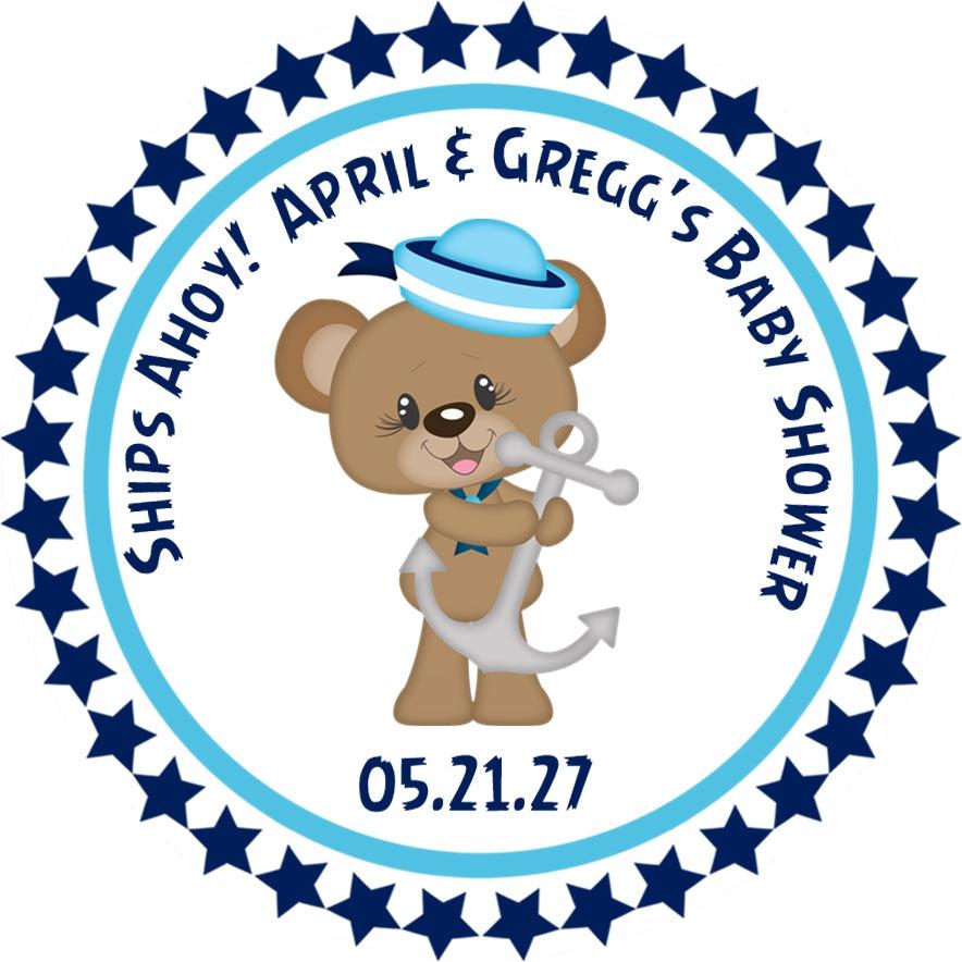 Blue nautical baby shower sticker on white treat bag
