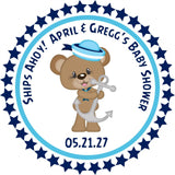 Blue nautical baby shower sticker on white treat bag