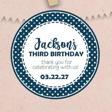 Blue polka dot birthday sticker with custom name