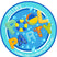 Blue pool party birthday sticker with beach ball letters