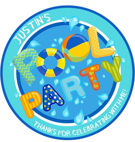 Blue pool party birthday sticker with beach ball letters