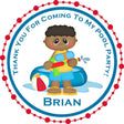 Blue pool party birthday sticker with boy character and personalized name