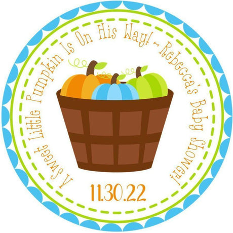 Blue pumpkin basket baby shower sticker with colorful pumpkins