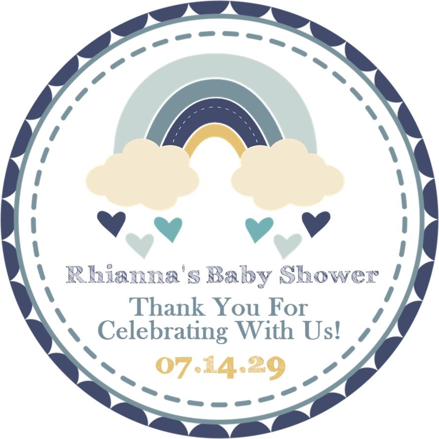 Blue rainbow baby shower sticker with clouds
