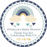 Blue rainbow baby shower sticker with clouds