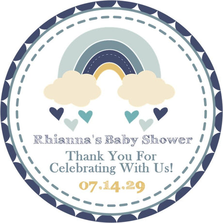 Blue rainbow baby shower sticker with clouds