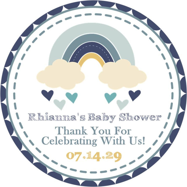 Blue rainbow baby shower sticker with clouds