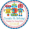 Blue red and yellow robot birthday sticker with three robots and personalized message