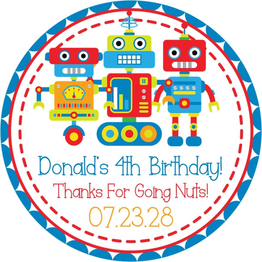 Blue red and yellow robot birthday sticker with three robots and personalized message