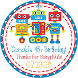 Blue red and yellow robot birthday sticker with three robots and personalized message