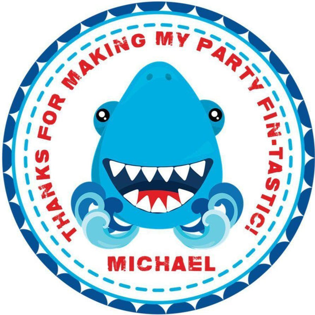 Blue shark birthday sticker with smiling shark illustration