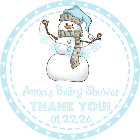 Blue snowman baby shower sticker with snowflake design