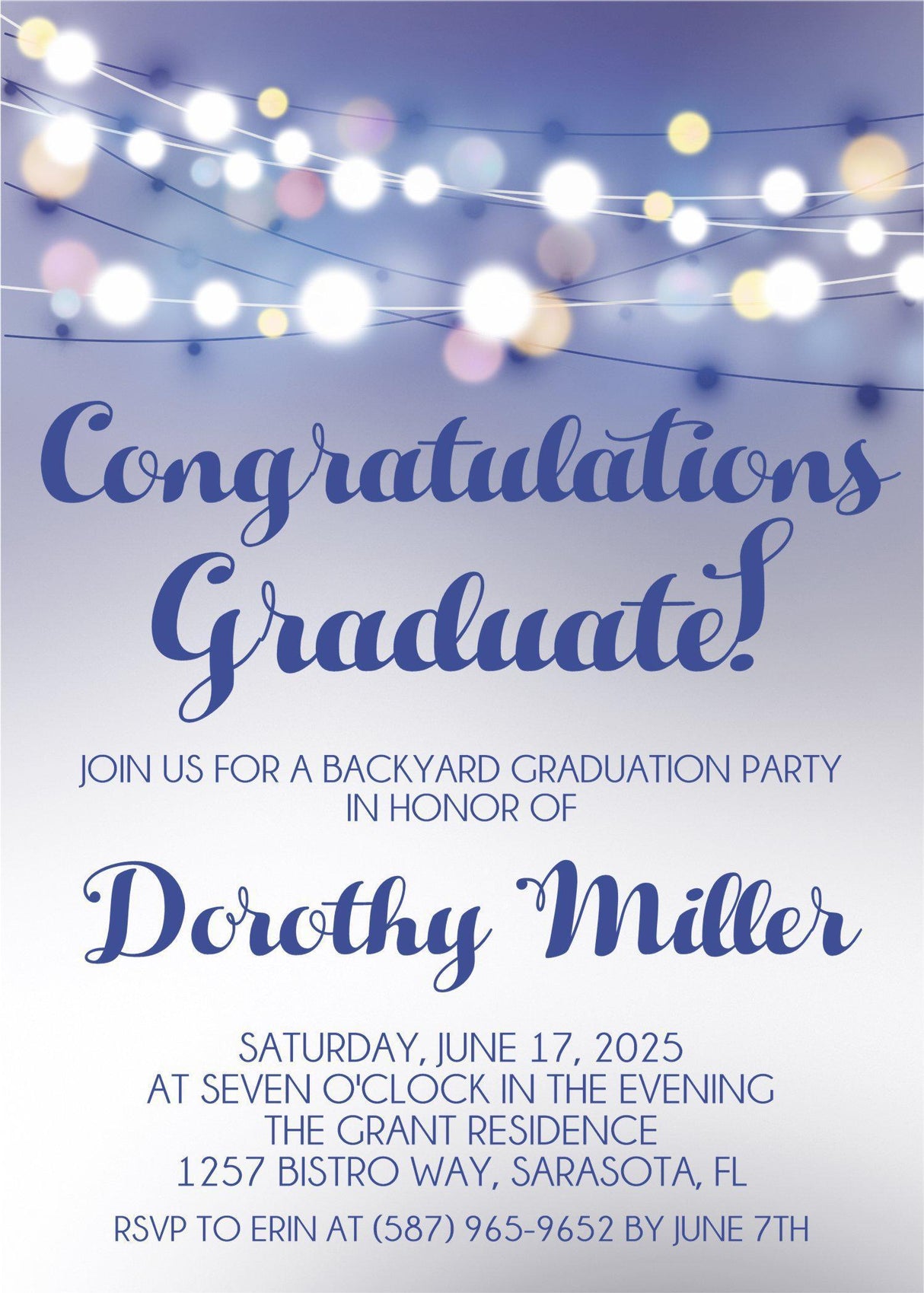 Blue string lights graduation party invitation with evening backyard design
