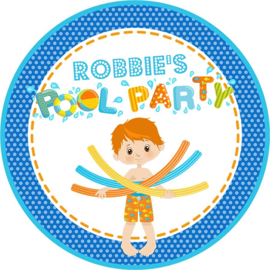Blue summer swim party favor label with splashes