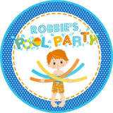 Blue summer swim party favor label with splashes