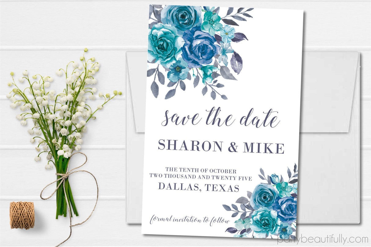 Blue teal botanical save the date cards elegant floral style
