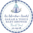 Blue teepee baby shower sticker with “An Adventure Awaits” message