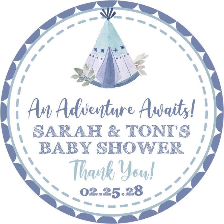 Blue teepee baby shower sticker with “An Adventure Awaits” message