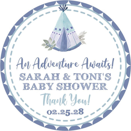 Blue teepee baby shower sticker with “An Adventure Awaits” message