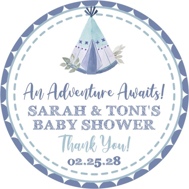 Blue teepee baby shower sticker with “An Adventure Awaits” message