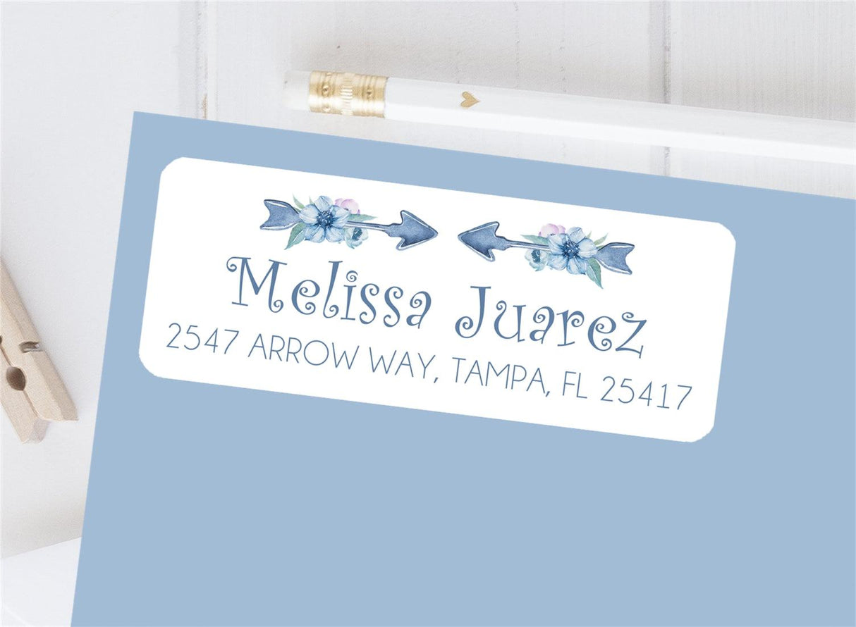 Blue tribal arrow address labels with personalized name and address