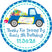 Blue truck birthday parade sticker with gifts and balloons