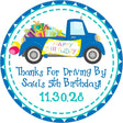 Blue truck birthday parade sticker with gifts and balloons