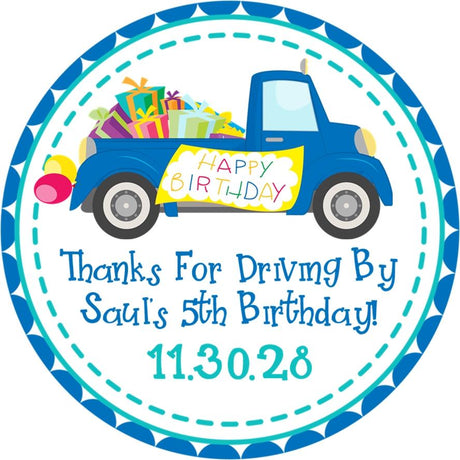 Blue truck birthday parade sticker with gifts and balloons