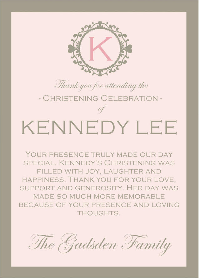 Blush And Grey Christening Thank You Cards