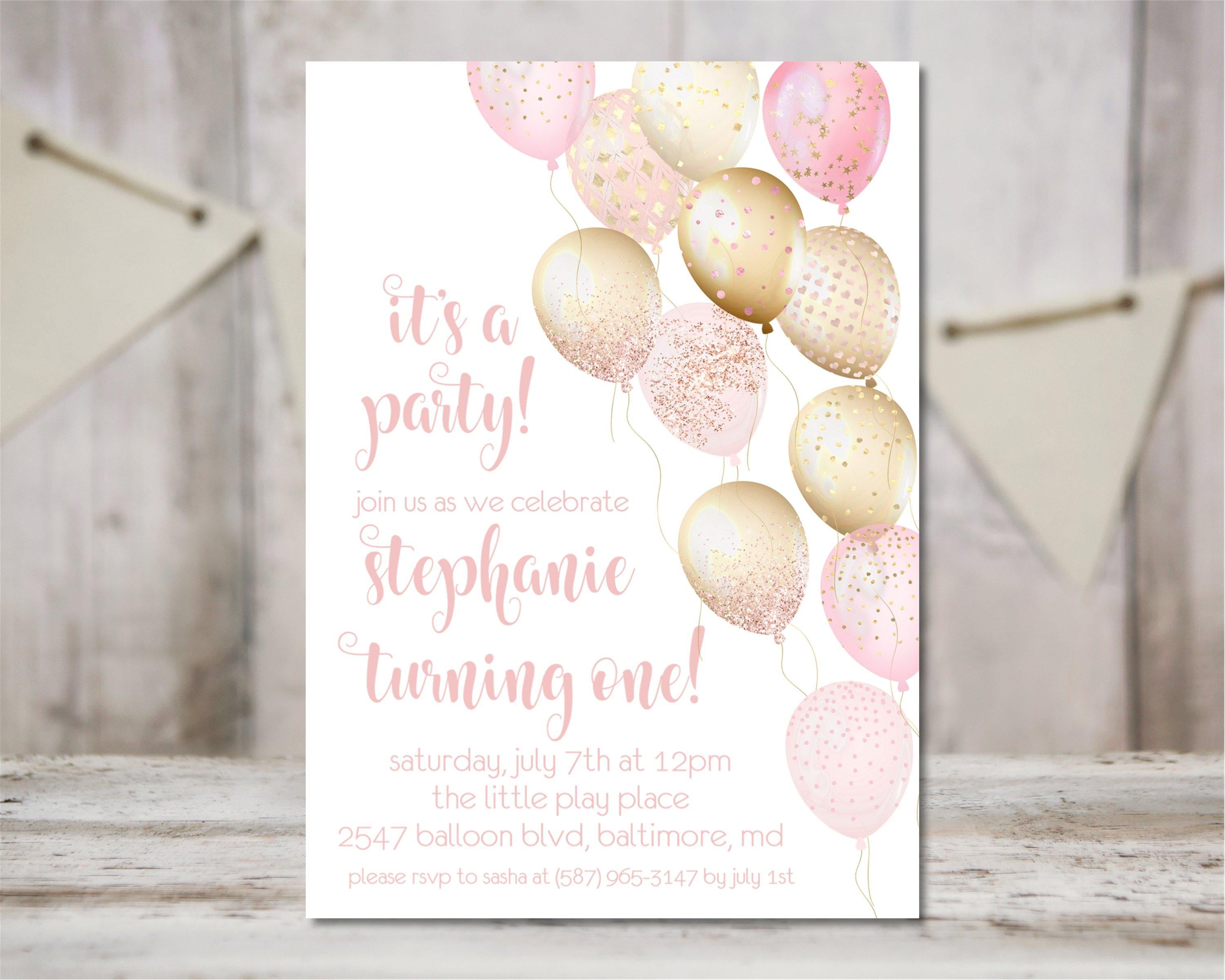 Blush Pink And Gold Balloon Birthday Party Invitations