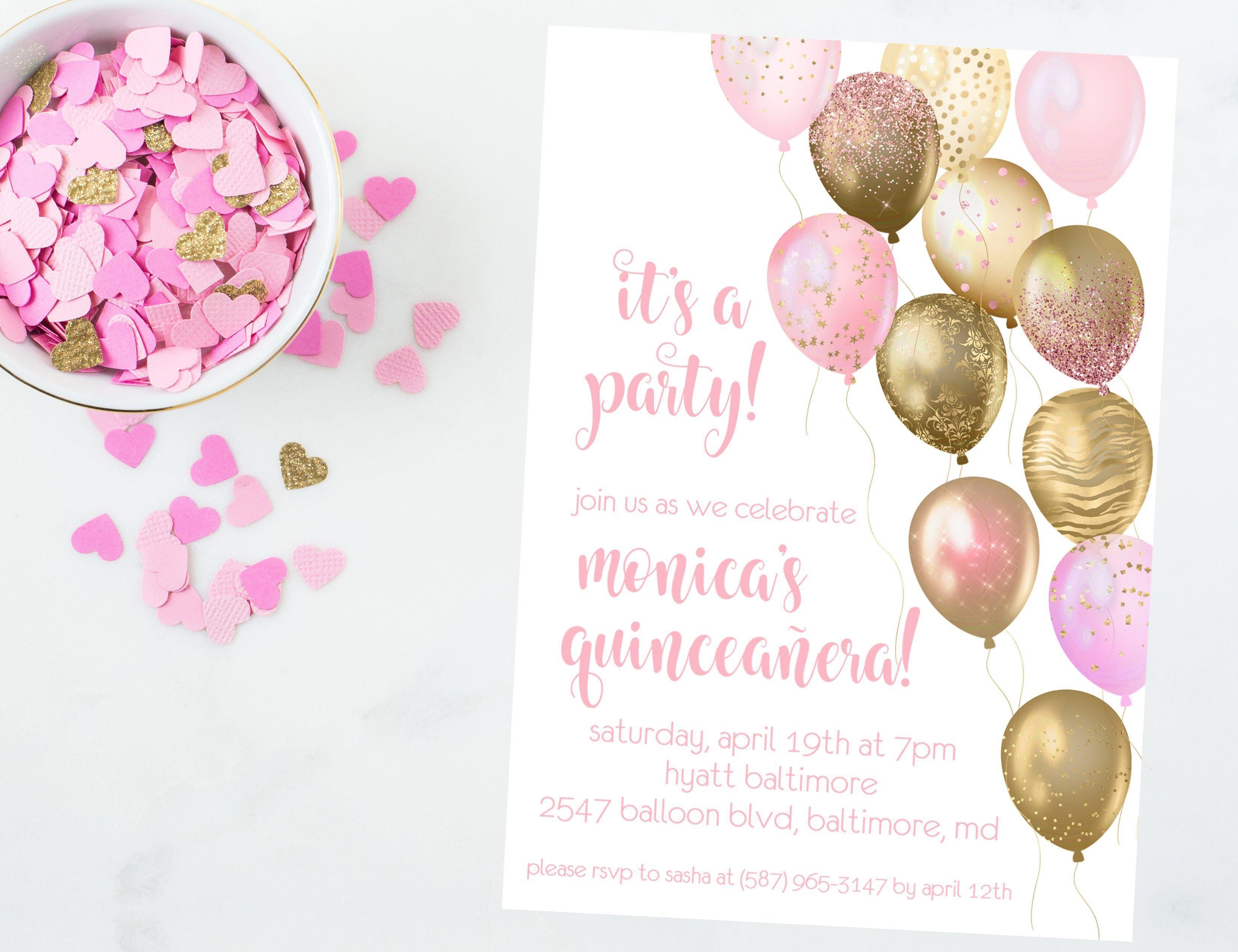 Blush Pink And Gold Balloon Quinceanera Invitations