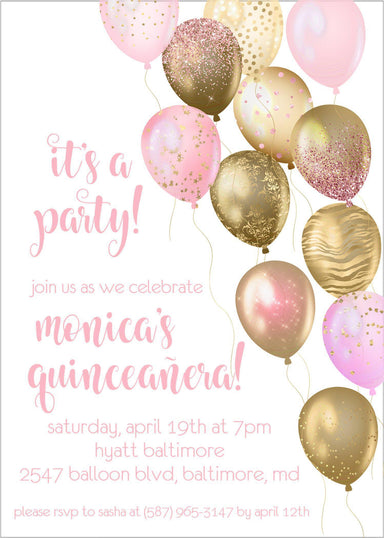 Blush Pink And Gold Balloon Quinceanera Invitations