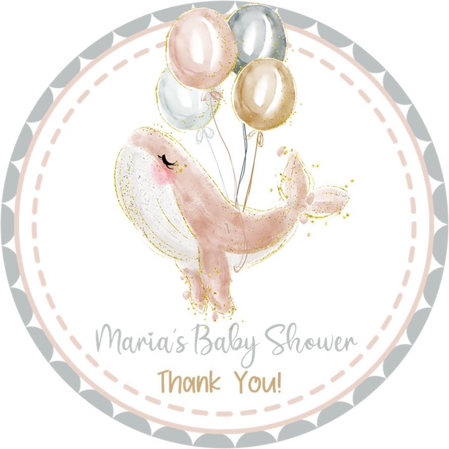 Blush whale baby shower sticker with balloons