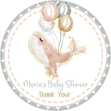 Blush whale baby shower sticker with balloons