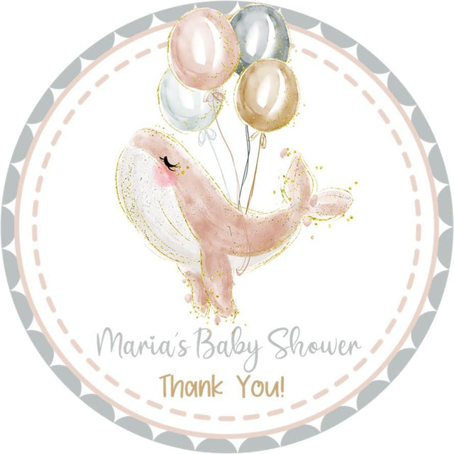 Blush whale baby shower sticker with balloons