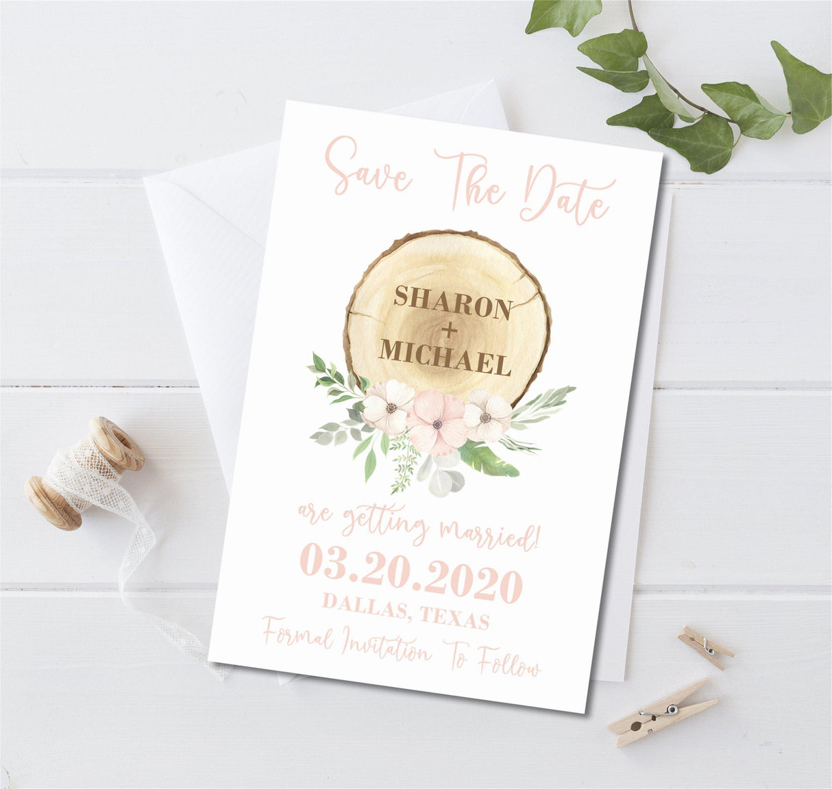 Blush white greenery rustic woodland wedding save the date cards elegant design