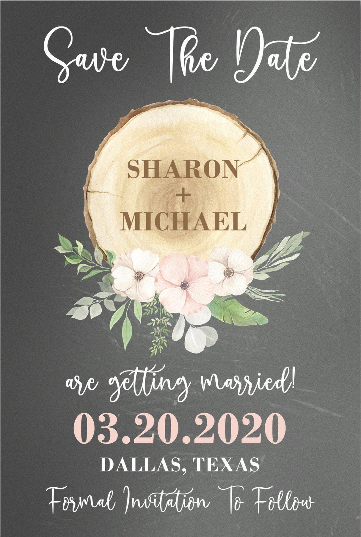 Blush wood slice wedding save the dates rustic greenery theme