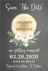 Blush wood slice wedding save the dates rustic greenery theme