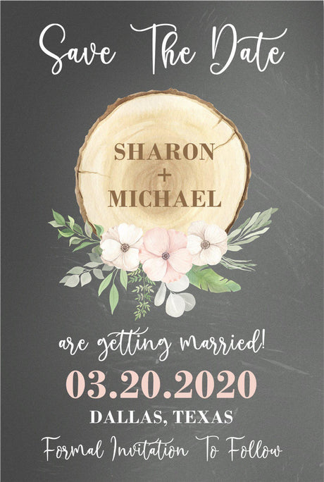 Blush wood slice wedding save the dates rustic greenery theme
