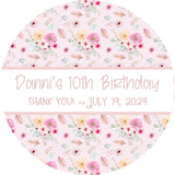 Boho birthday party label with soft pastel florals