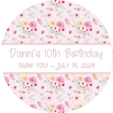 Boho birthday party label with soft pastel florals