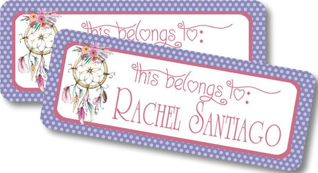 Boho dreamcatcher back to school name label in purple and pink tones