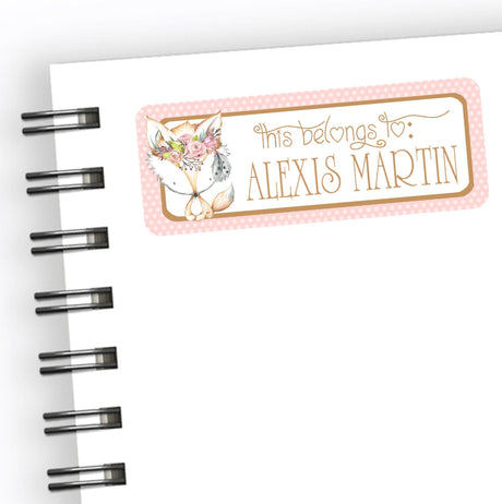 Boho fox back to school name label in peach and tan colors