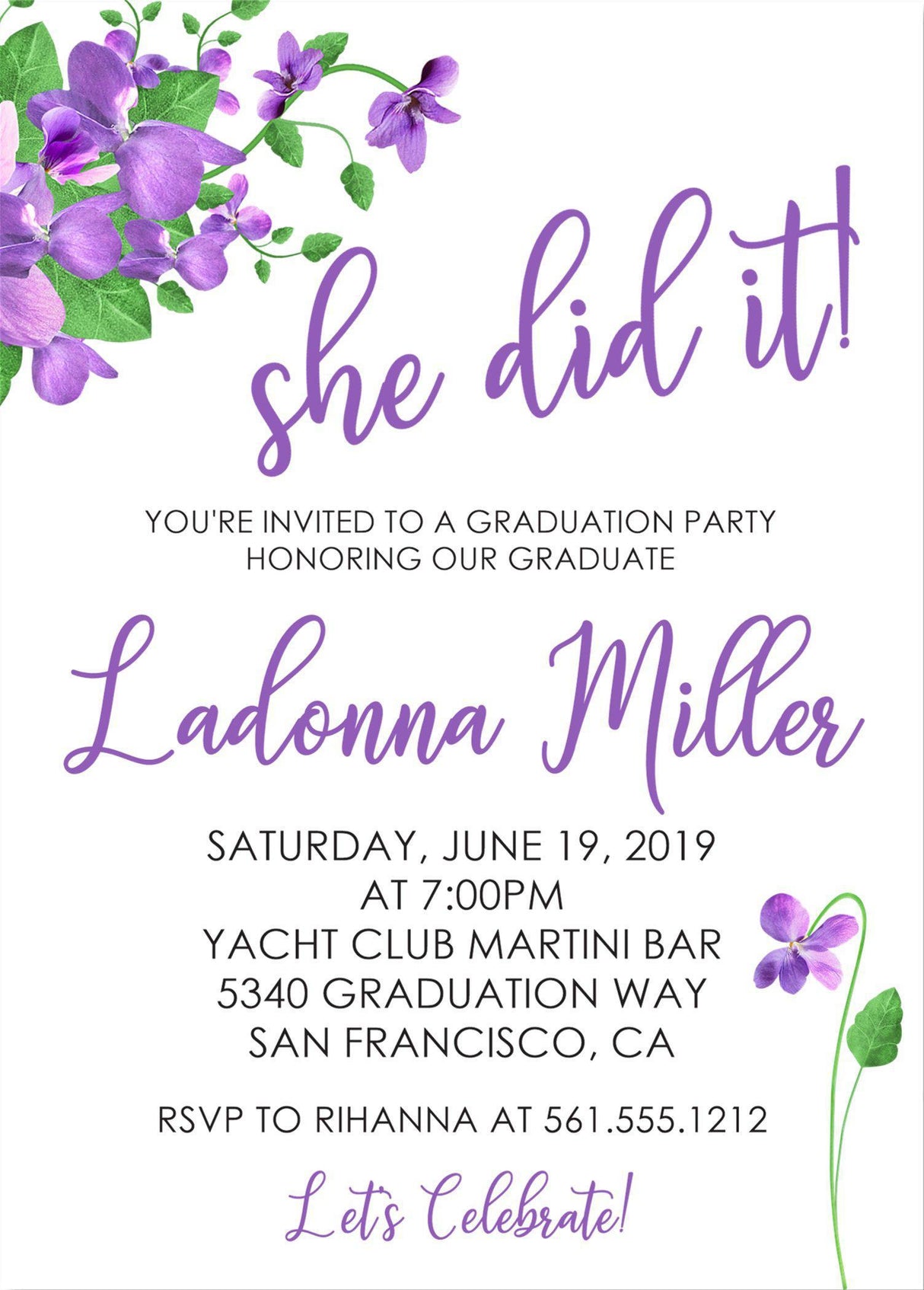 Botanical purple flowers girls graduation invitation