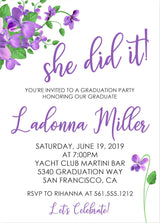Botanical purple flowers girls graduation invitation