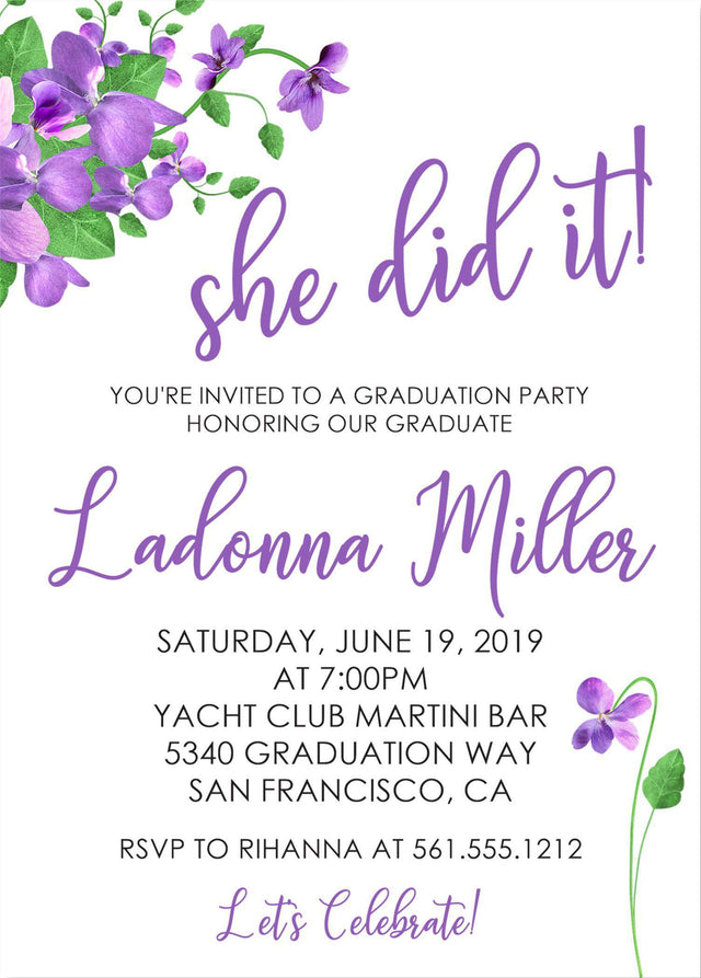 Botanical purple flowers girls graduation invitation