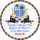 Boy off-road party favor label in blue and brown