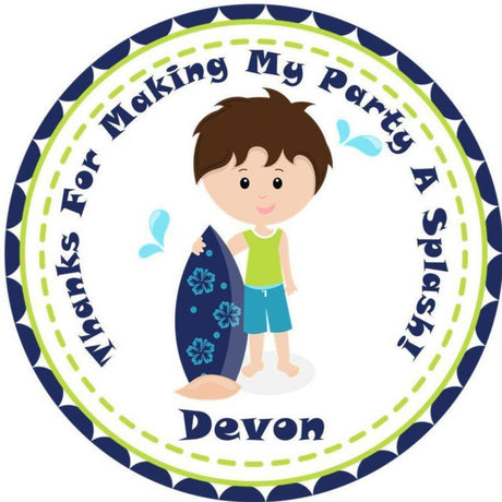 Boy surfer birthday sticker with surfboard