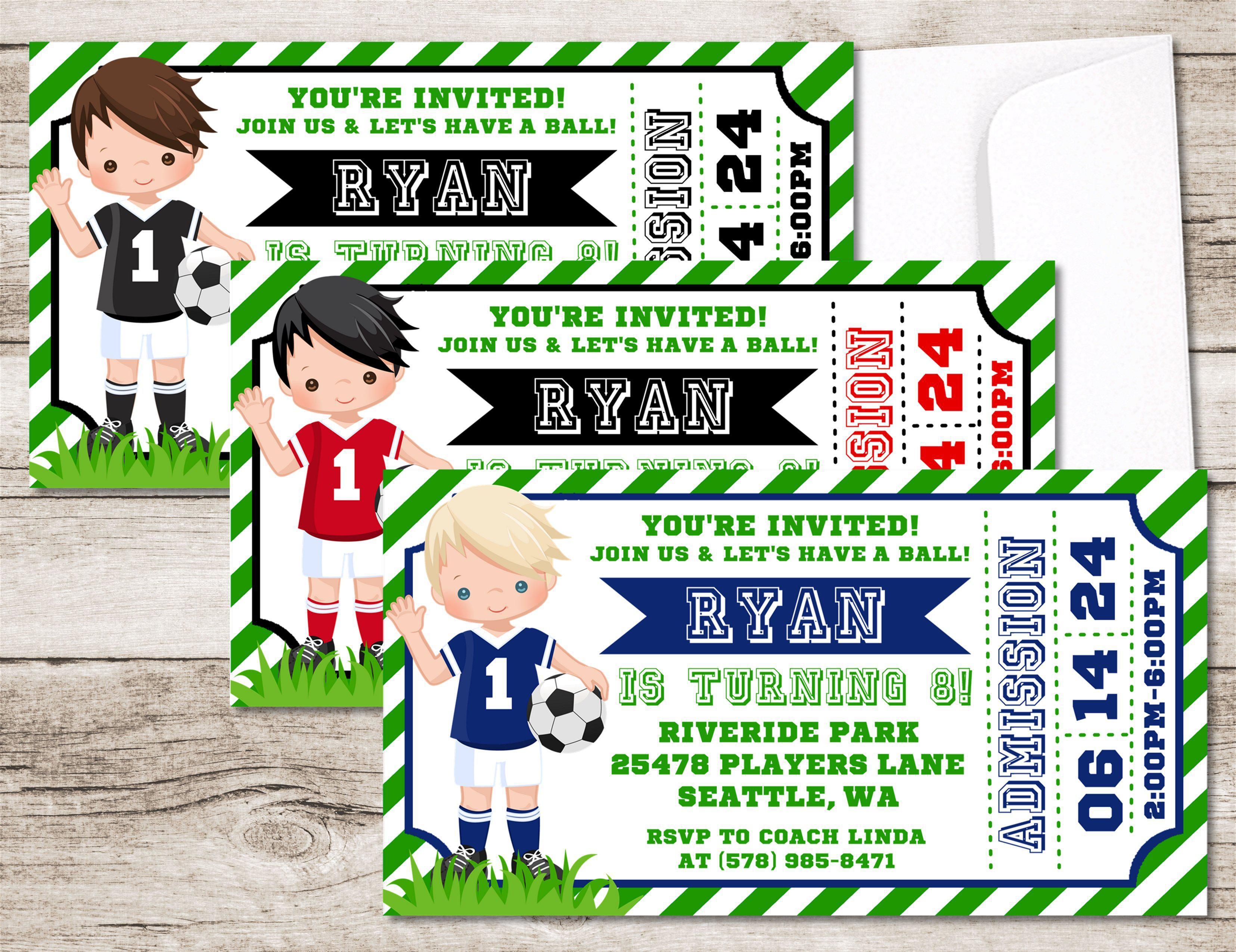Boys Soccer Birthday Party Ticket Invitations